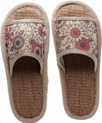 UPKOCH Blue and White Porcelain Print Linen Slippers for Women, Lightweight Cotton Home Slippers, Sole, Size 39/40 Red