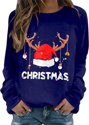Generic Black of Friday Deals 2024 Winter Sweatshirt Women Womens Christmas Print Hoodless Sweatshirt Long Sleeved Pullover Sweatshirt Christmas Jumpers 3Lb W