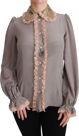 Dolce & Gabbana Gray Silk Gold Sequin Lace Blouse Womens Shirt