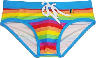 Feoya Mens Swimming Briefs with Pouch Sexy Low Rise Swim Briefs Summer Bikini Bottoms Printed Swimming Costume Rainbow Print Drawstring Swimwear Micro Swimm