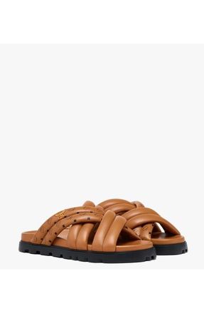 MCM Monogram Print Cross Sandals in Lamb Leather in Cognac at Nordstrom, Size 39