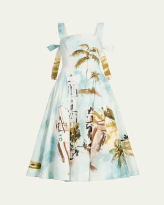 Oscar De La Renta Sleeveless Landscape-Print Poplin Midi Dress