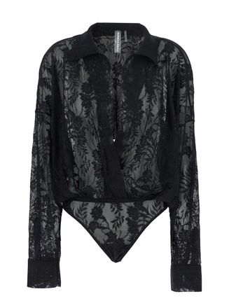 Norma Kamali Black Bodysuit With Plunging V Neck And All-over Floral Embroidery In Tech Fabric Stretch Woman