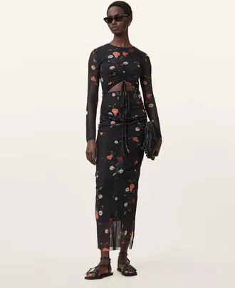 AllSaints Polyester Kathy Print Mesh Maxi Dress, Size: UK 16/US 12