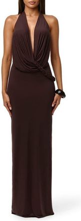 Naked Wardrobe Deep Plunge Open Back Maxi Dress in Dark Chocolate at Nordstrom, Size X-Large