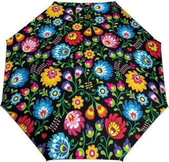 Generic Polish Floral Folk Art Poland Flowers Travel Umbrellas for Rain Windproof Compact 3 Folding Umbrella UV Sun Protection