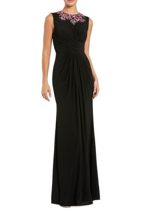 Mac Duggal Jersey Twist Gown With Beaded Shoulders in Black Multi at Nordstrom, Size 14