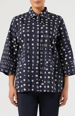 Marina Rinaldi Faro Geometric Print Cotton Shirt in Navy at Nordstrom, Size 20W