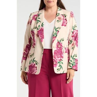 Tahari by ASL Print One-Button Blazer in Sand Berry Floral at Nordstrom, Size 14W