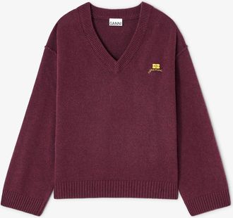 Ganni Burgundy Red Wool Mix V-neck Jumper - Size XXS/XS