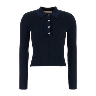 Michael Kors V-neck Knitwear, female, Blue, Size: XS Stretch Viscose Blend Polo Shirt