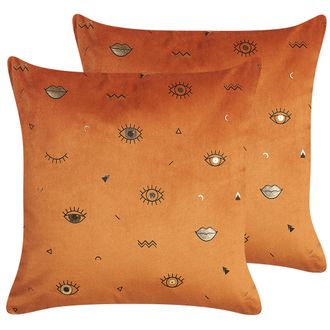 Beliani Beliani - Conjunto De 2 Cojines De Terciopelo Naranja Negro 45 X 45 Cm Patr&oacute;n Ojo Aeonium