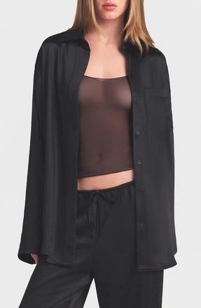 SKIMS Lightweight Stretch Satin Button-Up Shirt in Obsidian at Nordstrom, Size Xx-Small