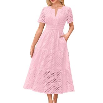 Generic Eyelet Dresses for Women 2026 Casual Boho Short Sleeve Maxi Dress Hollow Out A Line Flowy Beach Dresses with Pockets Pink