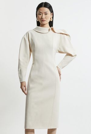 Karen Millen Structured Crepe Tailored Asymmetric Zip Neck Midi Dress