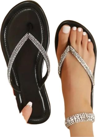 Generic Womens Flat Diamante Flip Flop Summer Trendy Sparkly Flip Flops Elegant Glitter Flat Slides Casual Rhinestone Thong Sandals Wide Width Open Toe Slippe