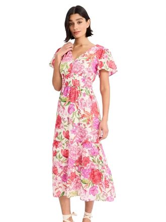Donna Morgan Tiered Midi Dress With Flutter Sleeves In Cream / Pink