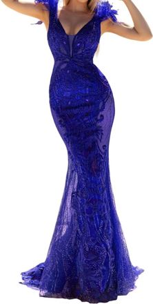 Portia & Scarlett Feather Straps Embroidered Illusion Dress In Cobalt