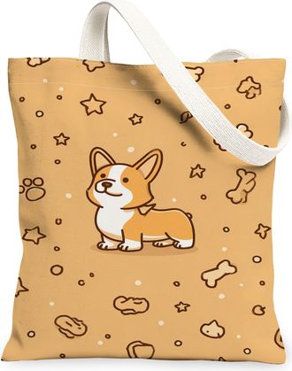 Generic Cute Dog Pattern Canvas Tote Bags, Fun Animal Print Reusable Grocery Bags, Lightweight Washable Shoulder Strap Canvas for E, Orange, 13x15 Inch