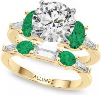 Allurez Round Lab Grown Diamond & Oval Emerald Bridal Set 18K Yellow Gold (4.65ct)