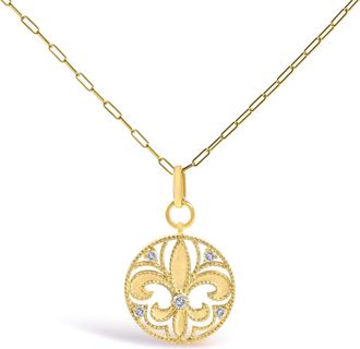 House of Brilliance 14K Yellow Gold 1/4 Cttw Round Diamond Openwork Fleur de Lis Medallion Pendant Necklace