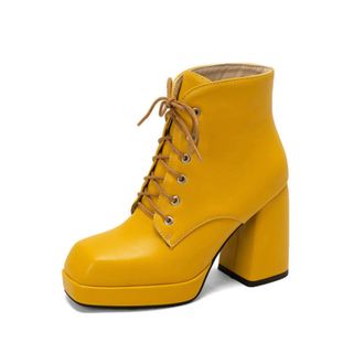 Generic Womens Square Toe Platform Chunky Heel Ankle Boots Lace-Up Punk Booties,Yellow,5.5 UK