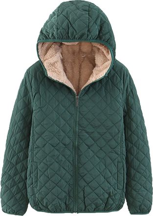 Generic Womens Fashion Casual Check Hooded Solid Color Long Sleeve Loose Warm Cotton Coat Womens Coat Petite (Green, M)