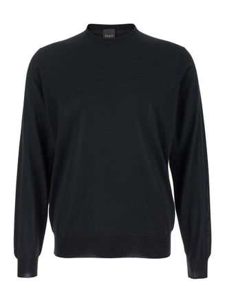Plaîn Black Crewneck Sweater With Ribbed Trims In Wool Man