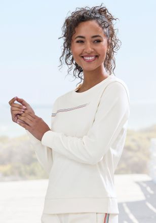 H.I.S Sweatshirt H.I.S, Damen, Gr. 32/34, beige (ecru), Interlock, Obermaterial: 60% Baumwolle, 40% Polyester, bedruckt, unifarben, Basic, bequem h&uuml;ftlang, 