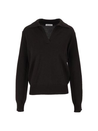 Kangra Cashmere Black Long-Sleeve Open V-Neck Polo Shirt