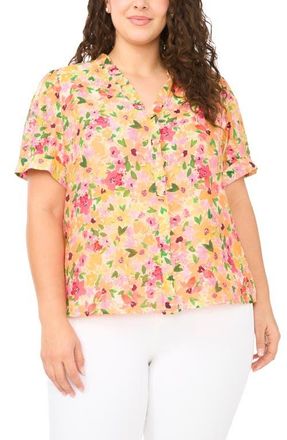 CeCe by Cynthia Steffe Floral Ruffle Placket Button-Up Top in Claret Red at Nordstrom, Size 1 X