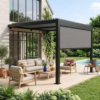 Sweeek P&eacute;rgola bioclim&aacute;tica de aluminio adosada 3x3m + 1 toldo 3m, negro