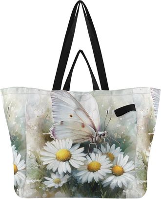Generic Butterfly Floral Beige print Reusable Canvas Tote Bag, Heavy Duty Grocery Shopping Bag with Large Capacity Double Handles Hard Bottom Work Groceries T