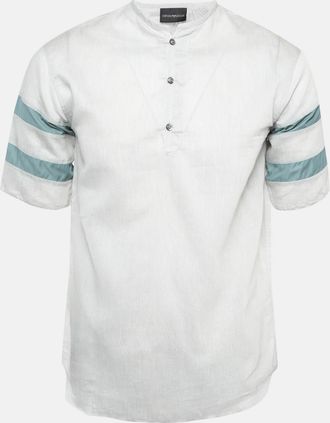 Emporio Armani Grey Striped Cotton Half Placket Shirt