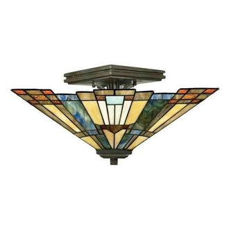 Netlighting Inglenook 2 Light Tiffany Semi Flush Ceiling Light Bronze E27