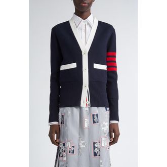 Thom Browne 4-Bar Contrast Trim Cotton Cardigan in Navy at Nordstrom, Size 4 Us