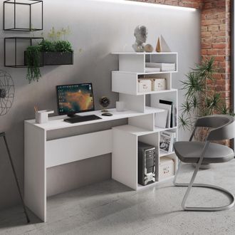 Dmora Escritorio Con Estanter&iacute;a Alta Moderna, Consola Con Estantes De Almacenamiento, Mesa De Estudio Para Dormitorio, 160x40xh135 Cm, Color Blanco - Dmora