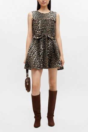 Ganni Brown Leopard Denim Mini Dress - Size 34 Organic Cotton