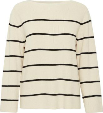 Ichi Gestreepte Amandel Melk Gebreide Trui - Dames - Ronde hals truien - Beige - M - Polyester - Truien & Vesten