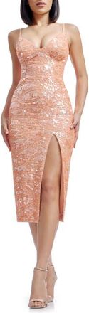 Dress The Population Anastasia Sequin Body-Con Cocktail Midi Dress in Coral at Nordstrom, Size Xx-Small
