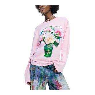 Desigual Long Sleeve Tops, female, Pink, Size: XL Printed Long Sleeve Round Neck T-shirt