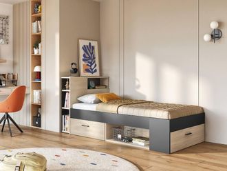 Vente-Unique Bed With Headboard, Storage & Drawer - 90 X 190 Cm - Anthracite and in Grey | Size: Single