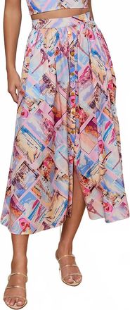 L'agence Seina Poplin Midi Skirt In Pink Multi Postcard Print