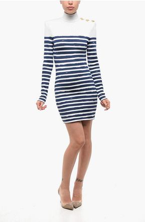 Balmain Two-Tone Striped Bodycon Mini Dress with Golden Hearts size 38