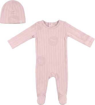 Fragile Romper 1x1 Rib Striped Horse Print with Matching Hat in Petal at Nordstrom, Size 6M