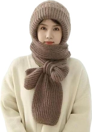 Generic Friendlyk Winter Versatile Knitted Hooded Scarf for Women Plush Thickened Integrated Ear Protection Windproof Cap Scarf Hat (Khaki)