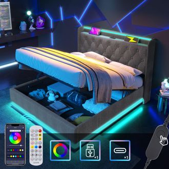 Matteo Upholstered Double Ottoman Bed with 360 Surround Led Function in Grey