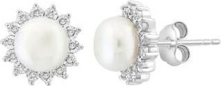 Effy Sterling Silver Freshwater Pearl Diamond Halo Stud Earrings in White at Nordstrom Rack