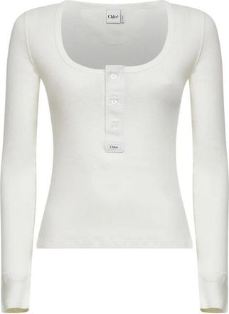 Chlo&eacute; Henley-shirt met ronde hals - Dames - Longsleeves - Wit - M - Katoen - Tops