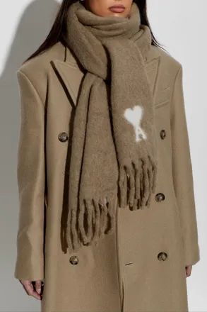 Ami Wool Scarf With Logo, Unisex, Beige